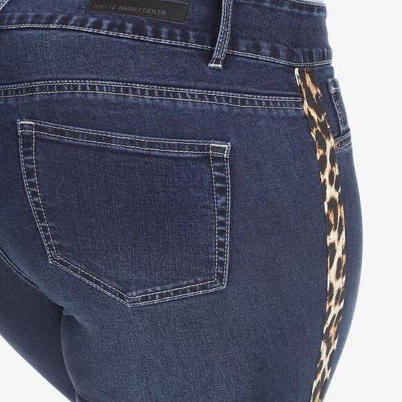 White Mark Plus Super Stretch Denim Cheetah Panel Jeans Dark Blue - Size 18 NWT - Picture 4 of 6